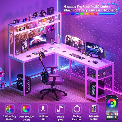 L Shaped Desk with Hutch - 67" L Shaped Gaming Desk with LED Lights, Corner Computer Desk with Storage Shelves, L Shaped Office Desk with Pegboard, White