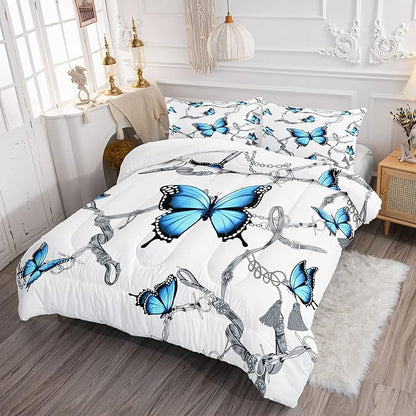 CVHOUSE Butterfly Bedding Set,Butterfly Comforter Queen,Butterfly Comforter Set for Girls Kids Teens,Butterflies Quilt Set with 1 Comforter and 2 Pillow Cases- 3 Piece