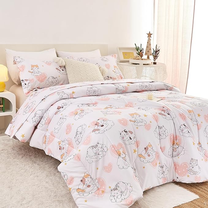 Cat Kids Comforter Set for Girls Twin, Cute Quilted Pink Heart Printed Bedding Set with Pillow Sham, Lightweight Soft Breathable Machine Washable Bed Set 2 Piece