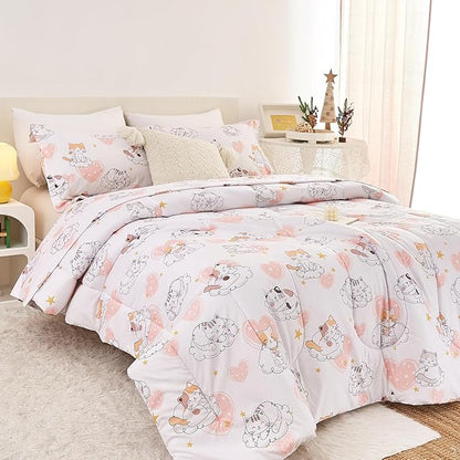 Cat Kids Comforter Set for Girls Full Size, Cute Quilted Pink Heart Printed Bedding Set with Pillow Sham, Lightweight Soft Breathable Machine Washable Bed Set 3 Piece