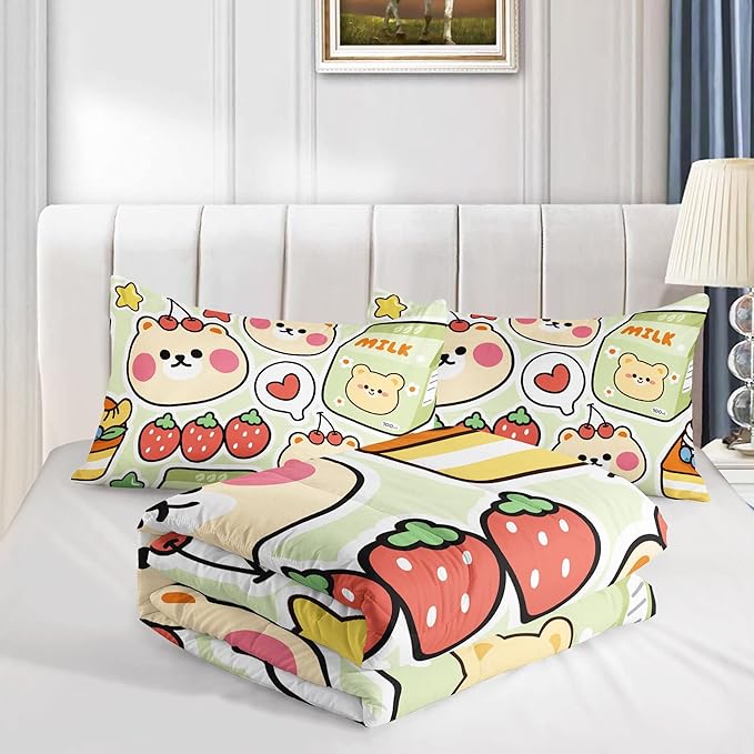 Datura home Kawaii Strawberry Bear Comforter Bedding Set for Kids Boys and Girls Teens,Cute Cartoon Fruit Print Light Green with 1 2 Pillowcases(Kawaii Queen), Queen 90x90inches