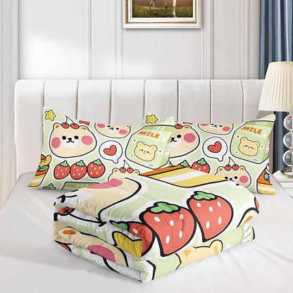 Datura home Kawaii Strawberry Bear Comforter Bedding Set for Kids Boys and Girls Teens,Cute Cartoon Fruit Print Light Green with 1 2 Pillowcases(Kawaii Queen), Queen 90x90inches