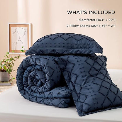 Bedsure King Size Comforter Set - Navy Blue Comforter, Boho Tufted Shabby Chic Bedding Comforter Set, 3 Pieces Farmhouse Bed Set for All Seasons, Fluffy Soft Bedding Set with 2 Pillow Shams