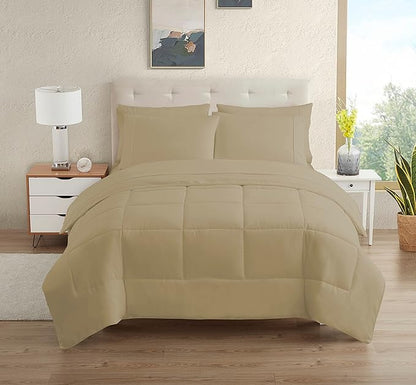 Dorm Room Essentials College Bedding Comforter Set 7 Piece Full Size Bed in a Bag for College Students Boys and Girls, Full, Taupe