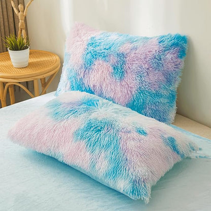 Tie dye Blue Plush Fluffy Comforter Cover Set Queen - Ultra Soft Faux Fur tie dye Bedding Sets 3 Pieces (1 Shaggy Duvet Cover + 2 Pillow case) Fluffy Bed Set (Tie Dye Blue, Queen)
