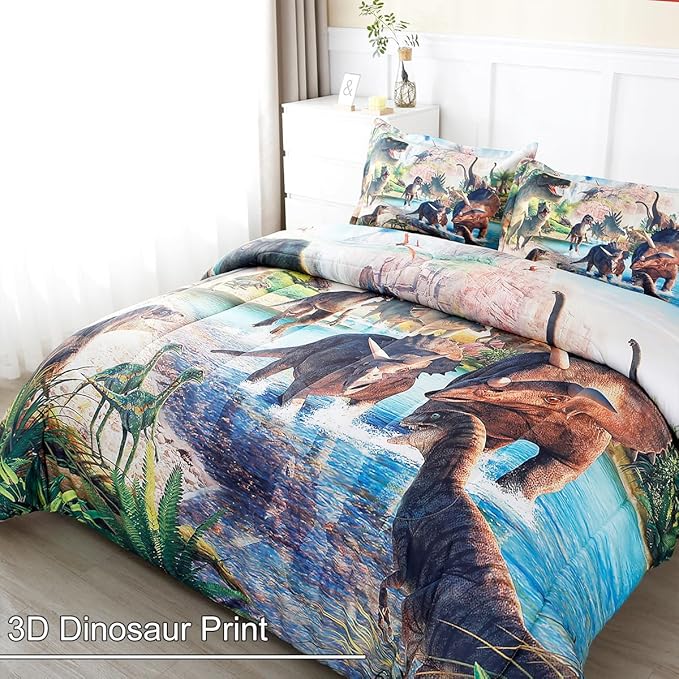 WINLIFE Dinosaur Bedding Full Comforter Set - Super Soft & Fun Jurassic Dino Pattern Bedding Comforter Set All Seasons for Boys Teens - Easy Wash Bed Set, 3D Dinosaur Print