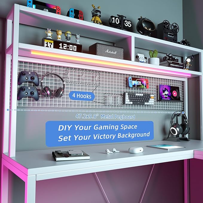L Shaped Desk with Hutch & Pegboard - Reversible 67" L Shaped Gaming Desk with LED Lights, Corner Computer Desk with Storage Shelves, White