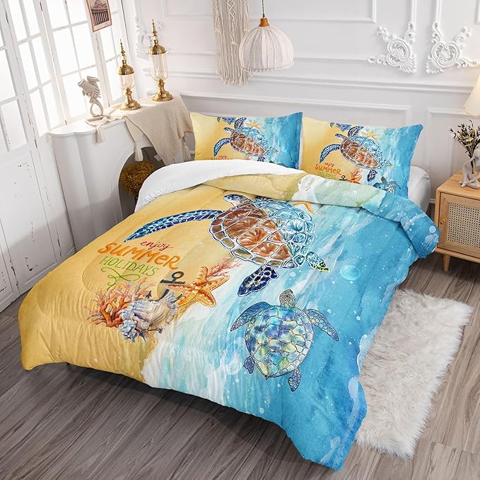Datura home Beach Turtle Comforter Set Beach and Sea Turtle Printed Quilt Bedding Set with 1 Comforter and 2 Pillowcases for Boys and Girls Bedroom All Season(Beach Turtle Full)
