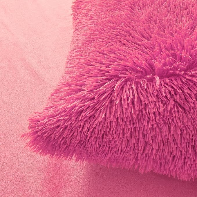 FOPPA Hot pink fluffy Comforter Cover Set king- Ultra Soft fluffy hot pink Bedding Sets 3 Pieces (1 Duvet Cover + 2 Pillow case) hot pink fluffy bed set (Hot pink, King)