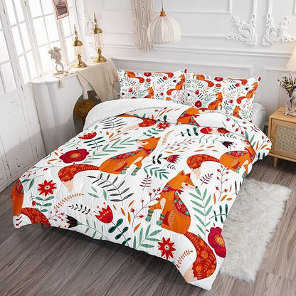 Cartoon Fox Comforter Set 3-Pieces Cute Fox Bedding Set Plants Leaves Printed Quilt Set for Kids Boys Girls with 2 Pillowcases Twin