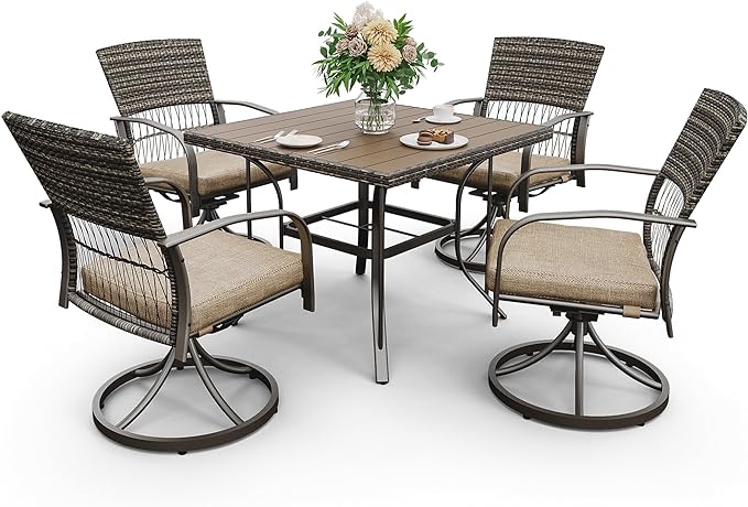Pamapic 5 Piece Outdoor Dining Set, Rattan Outdoor Patio Furniture Set for Deck Backyard with Plastic-Wood Outdoor Dining Table, 4 Swivel Outdoor Dining Chairs and Removable Cushions (Beige)