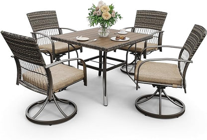 Pamapic 5 Piece Outdoor Dining Set, Rattan Outdoor Patio Furniture Set for Deck Backyard with Plastic-Wood Outdoor Dining Table, 4 Swivel Outdoor Dining Chairs and Removable Cushions (Beige)