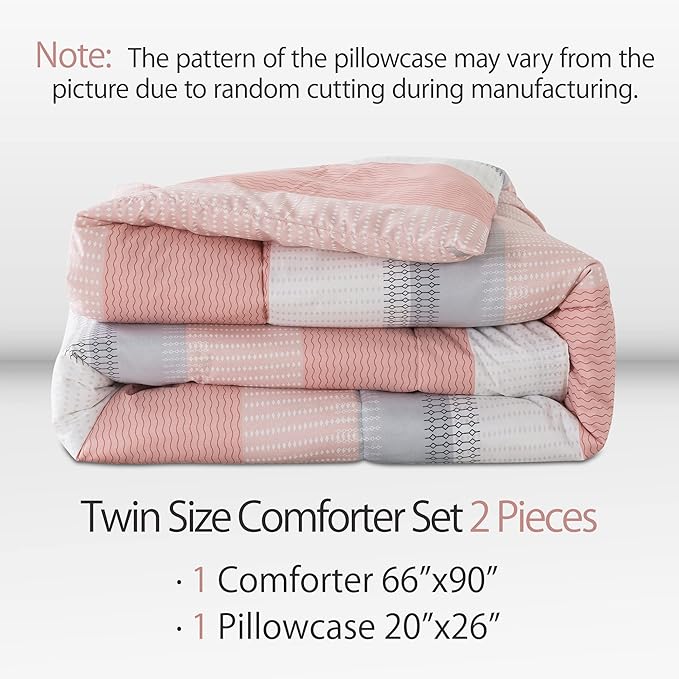 Andency Stripe Comforter Set Twin Size (66x90 Inch), 2 Pieces Pink Patchwork Striped Comforter, Soft Microfiber Down Alternative Comforter Bedding Set with Corner Loops