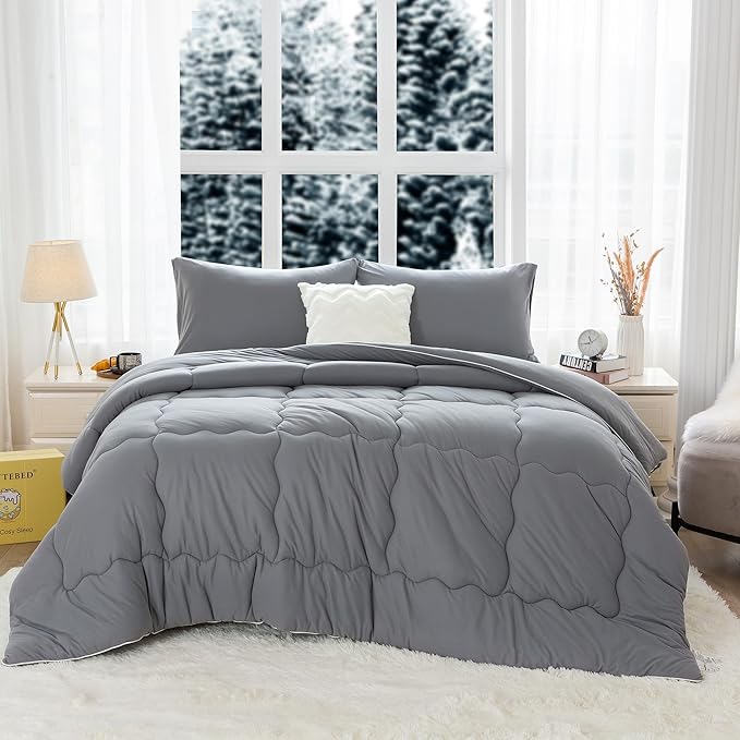 COTTEBED Warm Softness Twin Comforters Sets for Girls Kids College Dorm, Thick Breathable Fluffy Cozy Comfy Bed Down Comforter & Pillowsham Winter, Twin/Twin XL Dark Gray
