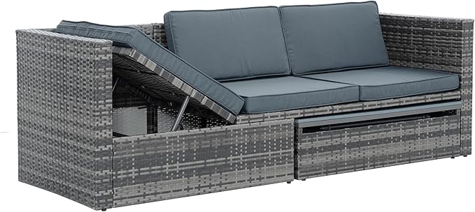 Modular Rattan Outdoor Sectional Furniture, Wicker Conversation Patio Sets with Plywood Coffee Table and Lounger Sofa for Backyard, Dc-Dark Gray