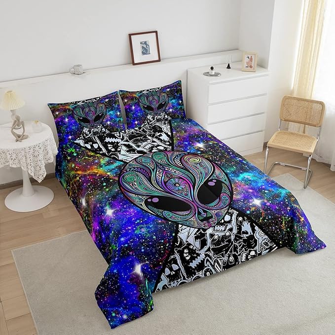 Feelyou Alien Printed Comforter Kids Galaxy Outer Space Themed Bedding Set Boys Girls Trippy Alien Hippie Skull Decor Comforter Set Colorful Tie Dye Quilted Duvet Bedroom Bed Set Full Size…
