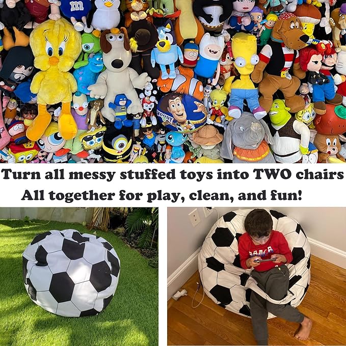 2 Packs Stuffed Animal Storage Beanbag Cover 24" Bean Bag Storage for Kids Girs Boys Room Toys Organizer Heavy-duty Zipper Bean Bag Chair Covers Only, Soccor Print