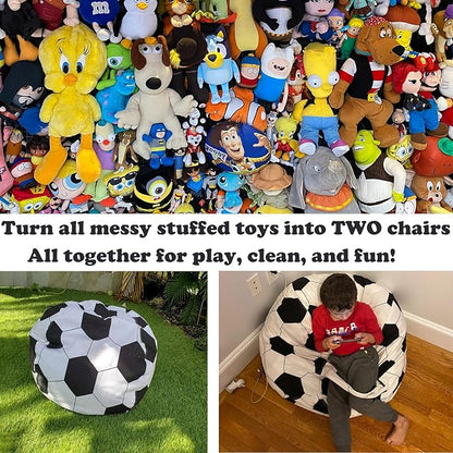 2 Packs Stuffed Animal Storage Beanbag Cover 24" Bean Bag Storage for Kids Girs Boys Room Toys Organizer Heavy-duty Zipper Bean Bag Chair Covers Only, Soccor Print