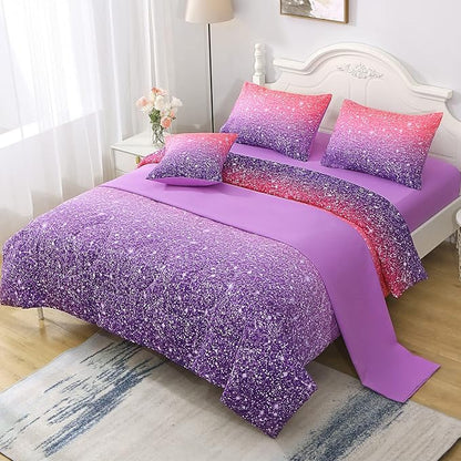 JQinHome Pink Purple Comforter Set Full/Queen Size, 6 Piece Bed in A Bag 3D Colorful Bedding Set for Girls Women (1 Comforter,2 Pillowcases,1 Flat Sheet,1 Fitted Sheet,1 Cushion Cover)