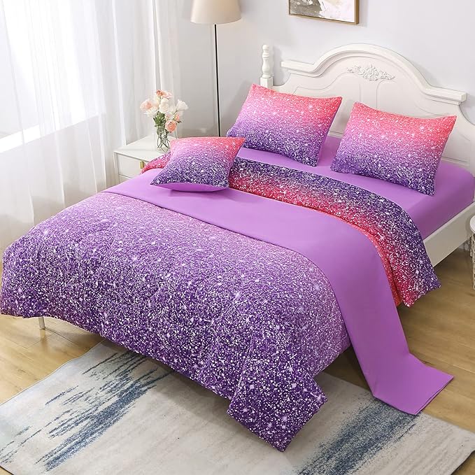 JQinHome Twin Pink Purple Comforter Set, 6 Piece Bed in A Bag 3D Colorful Bedding Set for Girls kids (1 Comforter,2 Pillowcases,1 Flat Sheet,1 Fitted Sheet,1 Cushion Cover)(Pink Purple)