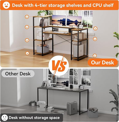 63-Inch Industrial Home Office Desk with Bookshelf, Gaming Computer Desk with Monitor Stand and Printer Shelf for Study, Writing, PC Work