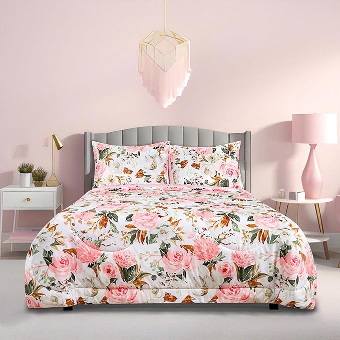 DILIMI Full Size Comforter Set for Girls, Reversible Comforter Full Size, 5 Pieces Ultra Soft Pink Floral Full Size Bed Comforter Sets with Sheet, Comforter, Flat Sheet, 2 Pillowcase