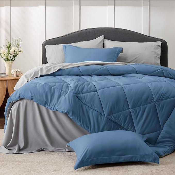 Bedsure Blue Comforter Set Queen - 7 Pieces Reversible Blue Bed in a Bag with Comforters, Sheets, Pillowcases & Shams, Queen Blue Bed Set