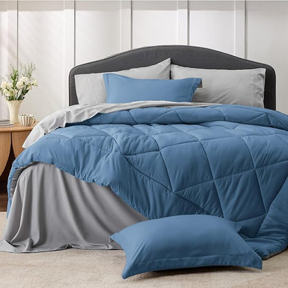 Bedsure Blue Comforter Set Queen - 7 Pieces Reversible Blue Bed in a Bag with Comforters, Sheets, Pillowcases & Shams, Queen Blue Bed Set
