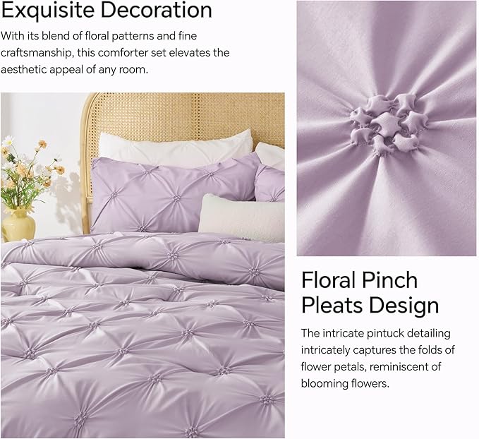 BEDELITE Light Purple King Size Comforter Set - 3 Pieces Boho Pintuck Bedding Comforter Sets, Lightweight Soft & Warm King Bedding Set with 2 Pillowcases for All Season