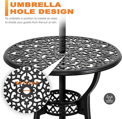 NUU GARDEN Bistro Set 3 Piece Outdoor, Cast Aluminum Patio Bistro Sets with Umbrella Hole and Green Cushions, Bistro Table and Chairs Set of 2 for Patio Backyard, Black