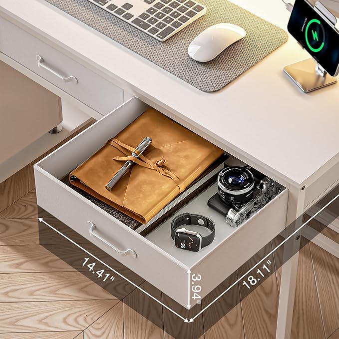 Computer Desk with Drawers and Storage Shelves, Home Office Desk with LED Lights & Power Outlets, Gaming Desk with Monitor Stand, Writing Study Desk, Kids Small Desk for Bedroom, White