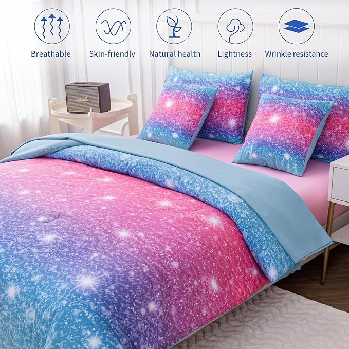 Twin Comforter Set for Girls Galaxy Bedding 7pieces, Ombre Bedding Comforter Sets Rainbow Comforter, Glitter Bedding Twin Teen Comforter Sets for Girls (Blue)