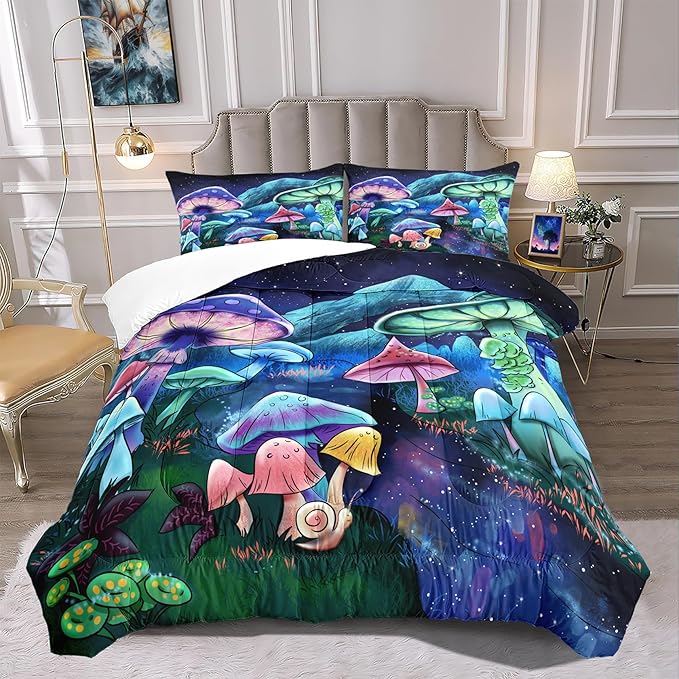 Cartoon Mushroom Bedding Set, Queen Size 3 Piece Ultra Soft Breathable Cute Mushrooms Bedding Comforter Sets Fungus Plant Bedspread for All-Season Bedroom Decor with 1 Comforter +2 Pillowcases