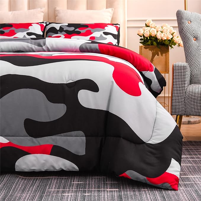 Meeting Story Camouflage Bedding Set, Colorful Pattern Style Comforter Set, 3 PCS One Comforter and Two Pillowcases in One Bag, All Season Bedspread for Boys Teens Adults (Black, Full)