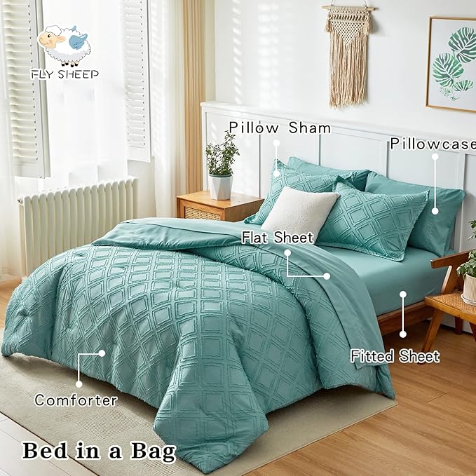7 Pieces Tufted Bed in a Bag King Comforter Set with Sheets Green, Soft and Embroidery Shabby Chic Boho Bohemian, Luxury Solid Color with Diamond Pattern, Jacquard Tufts Bedding Set for All Season