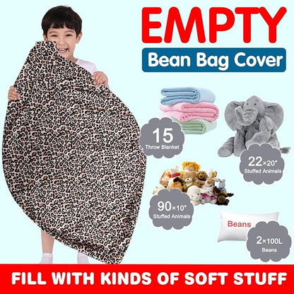 Lukeight Stuffed Animal Storage Bean Bag Chair Cover for Kids, Zipper Beanbag Chair Cover for Organizing Toddler & Kids' Rooms Plush Toys (Leopard Velvet, X-Large)