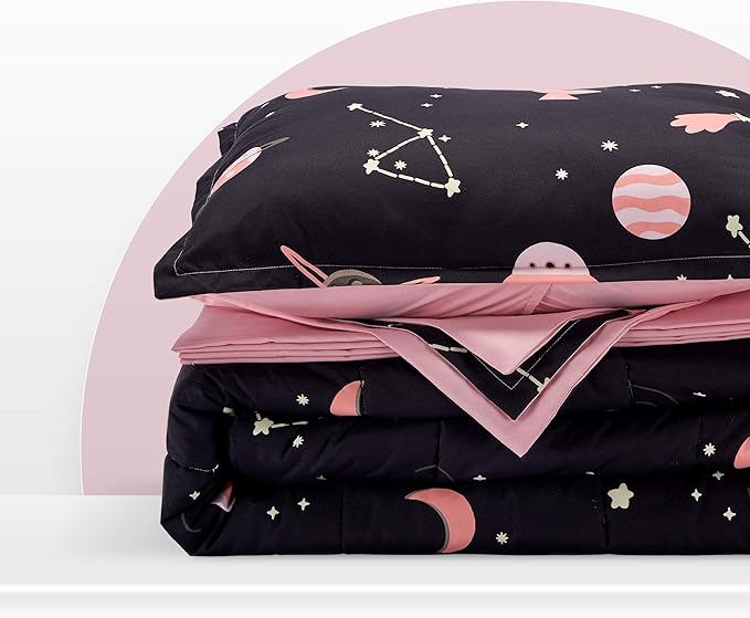SLEEP ZONE Kids Bedding Comforter Set Full/Queen Size - Super Cute & Soft Kids Bedding 7 Pieces Set with Comforter, Sheet, Pillowcase & Sham (Pink Galaxy)