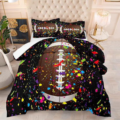 Tailor Shop Football Comforter Set for Boys Kids Teens 3D Colorful Splash Ink Football Sports Bedding Set Full Size with 1 Comforter 2 Pillow Shams……