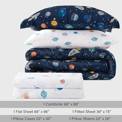 Twin Size Space Kids Bedding Set for Girls, 5 Pieces Super Soft Lightweight Microfiber Comforter Set with Sheets, Space Bedding Twin, Bed in a Bag, Durable Children Bed Set
