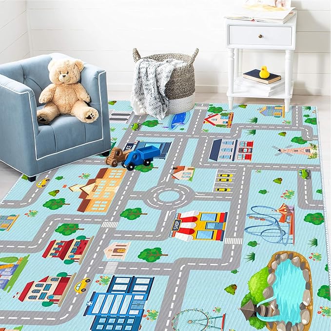 Kids Car Rug, 3' 3" x 5' 3" City Life Traffic Road Playmat for Toy Cars Trains, Non-Slip Race Track Carpet Educational Fun Area Rugs for Boy and Girl Bedroom Nursery