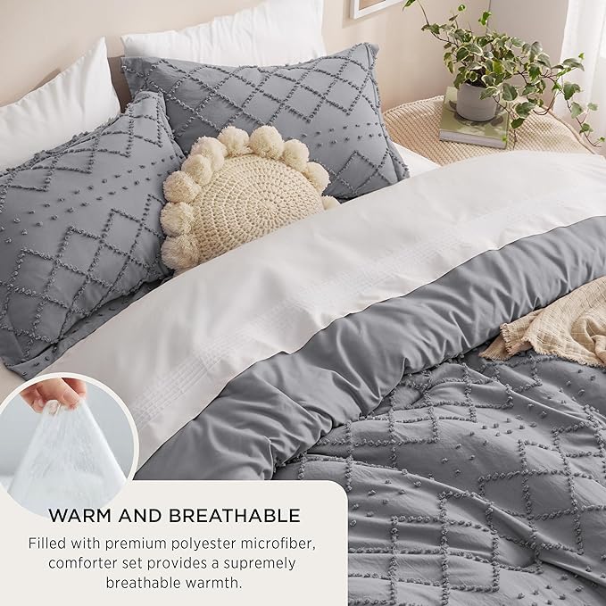 Bedsure Twin/Twin XL Comforter Set - Grey Boho Twin Extra Long Comforter Set for College, Shabby Chic Dorm Bedding Set, 2 Pieces Modern Farmhouse Bed Set, includes 1 Pillow Sham