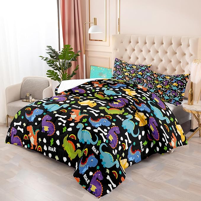 Dinosaur Full Size Bedding Set - Cartoon Dinosaur Full Size Comforter Sets for Boys Soft Breathable Dino Quilt Kids Comforter Set Decor for Boys Bedroom, 1 Comforter 2 Pillowcase