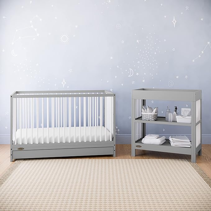 Graco Teddi 5-in-1 Convertible Crib with Drawer (Pebble Gray with White) – GREENGUARD Gold Certified, Crib with Drawer Combo, Full-Size Nursery Storage Drawer, Converts to Toddler Bed