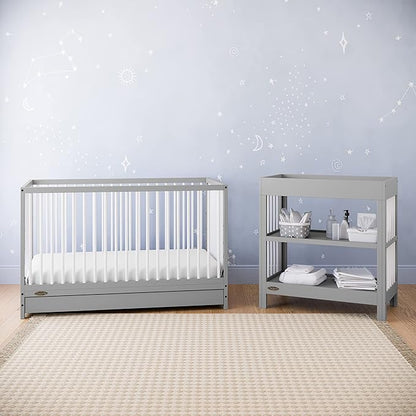 Graco Teddi 5-in-1 Convertible Crib with Drawer (Pebble Gray with White) – GREENGUARD Gold Certified, Crib with Drawer Combo, Full-Size Nursery Storage Drawer, Converts to Toddler Bed