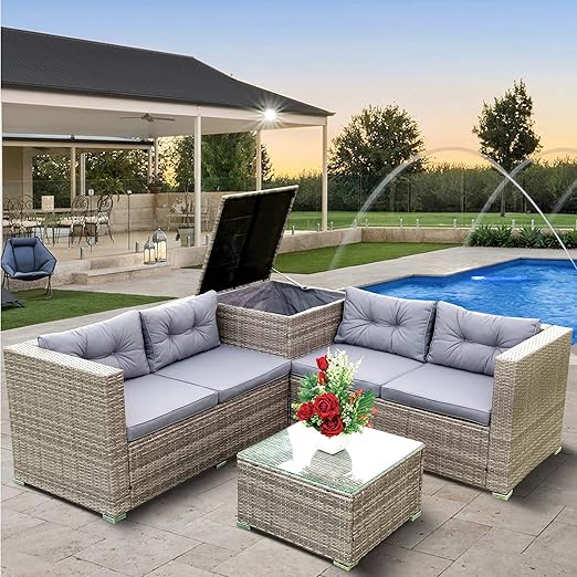 Patio Furniture Set, 4 Pieces PE Wicker Rattan Outdoor Conversation Sectional Sofa with Tempered Glass Table and Storage Box, for Backyard Lawn Garden Lown Porch, E-Grey