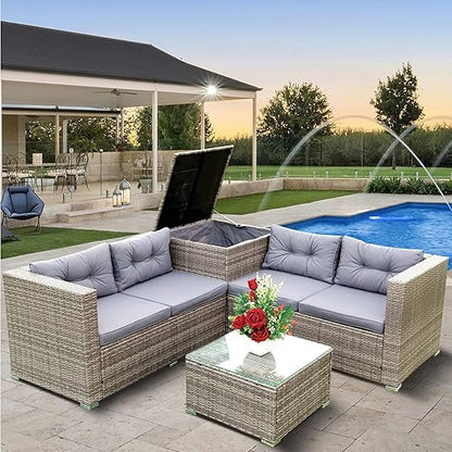 Patio Furniture Set, 4 Pieces PE Wicker Rattan Outdoor Conversation Sectional Sofa with Tempered Glass Table and Storage Box, for Backyard Lawn Garden Lown Porch, E-Grey