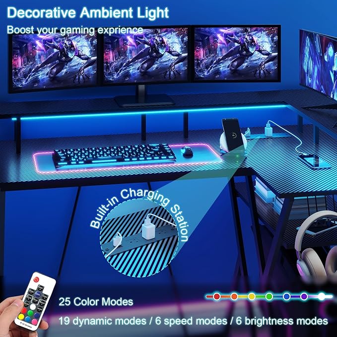 47 Inch L Shaped Gaming Desk L Desk Gaming Desk with Led Lights Computer Desk with Power Outlets Gaming Table Corner Desk for Bedroom Small Desk for Home Office,Black