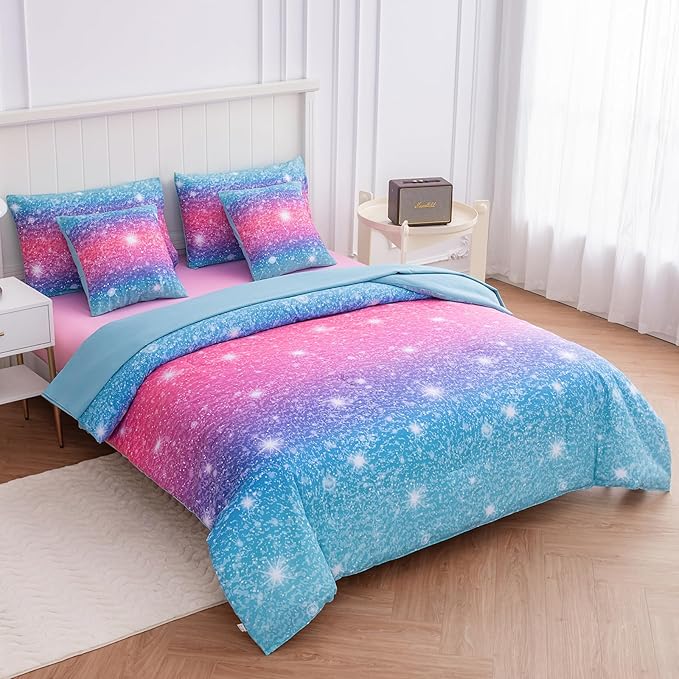 Twin Comforter Set for Girls Galaxy Bedding 7pieces, Ombre Bedding Comforter Sets Rainbow Comforter, Glitter Bedding Twin Teen Comforter Sets for Girls (Blue)