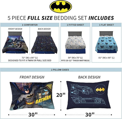 Franco Kids Bedding Super Soft Comforter and Sheet Set, 5 Piece Full Size, Batman