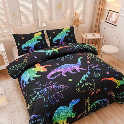 Meeting Story Dinosaur Comforter Set,Gradation Fluorescence Dinosaur Full Comforter Set, 3 PCS 1 Comforter and 2 Pillowcases in One Bag, All Season Bedspread for Kids Teens Adults（Full）